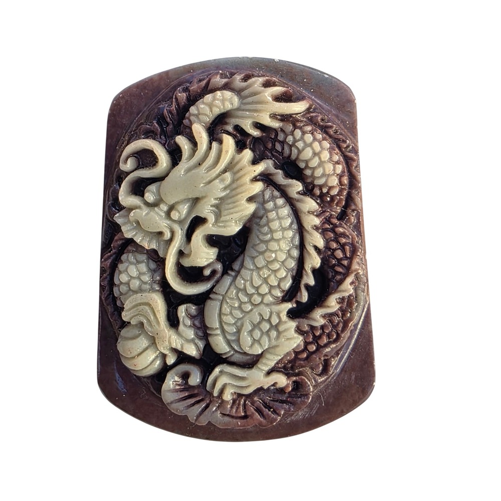 Vintage Style Carved Dragon Pendant Two Tone Cinnabar Resin Brown Cream